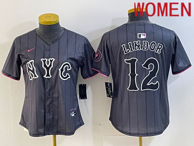 Women New York Mets #12 Lindor Black City Edition 2024 Nike MLB Jersey style 5->women mlb jersey->Women Jersey